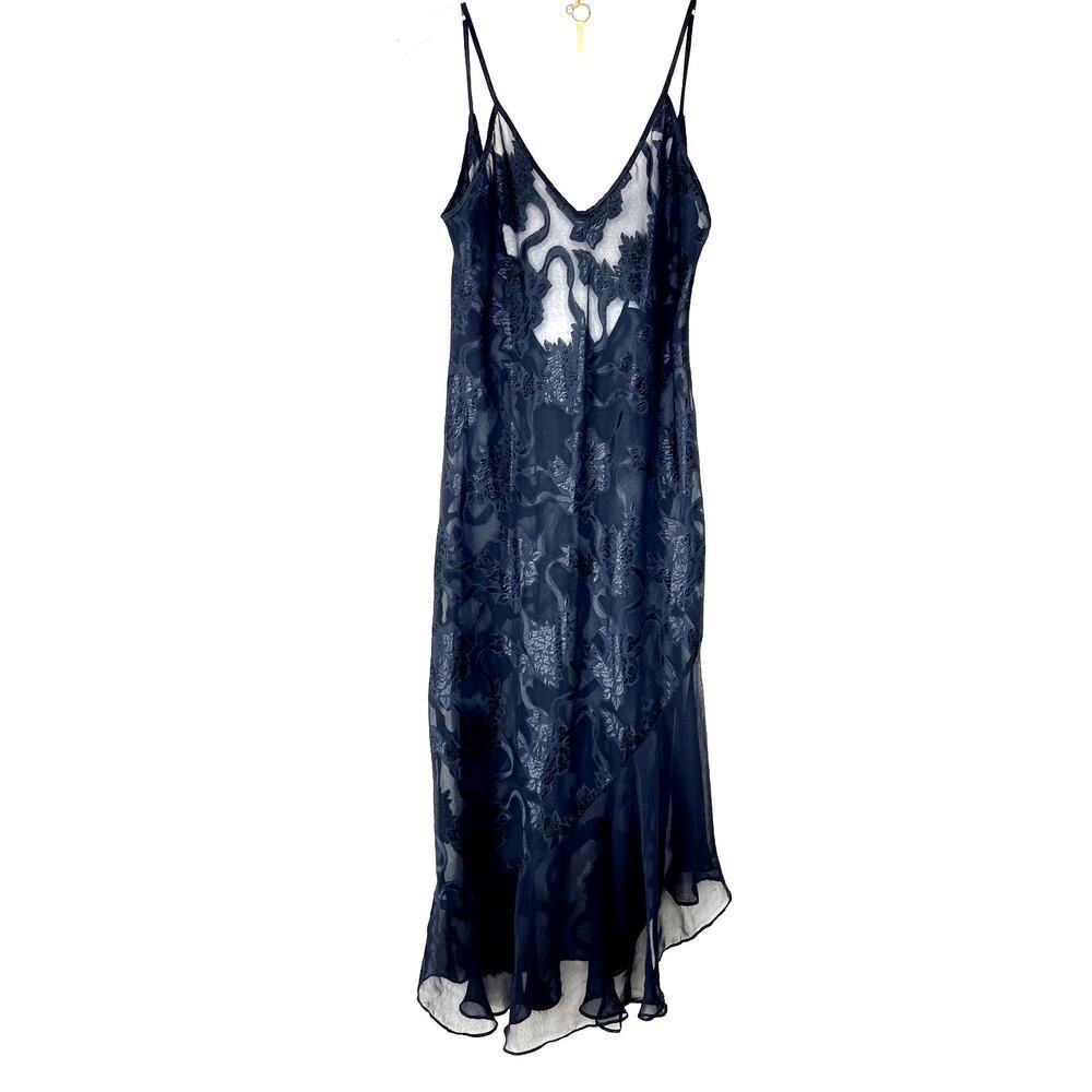 Vintage LA Intimates Black Sheer Midi Asymetrical Slip Dress Nightgown MEDIUM